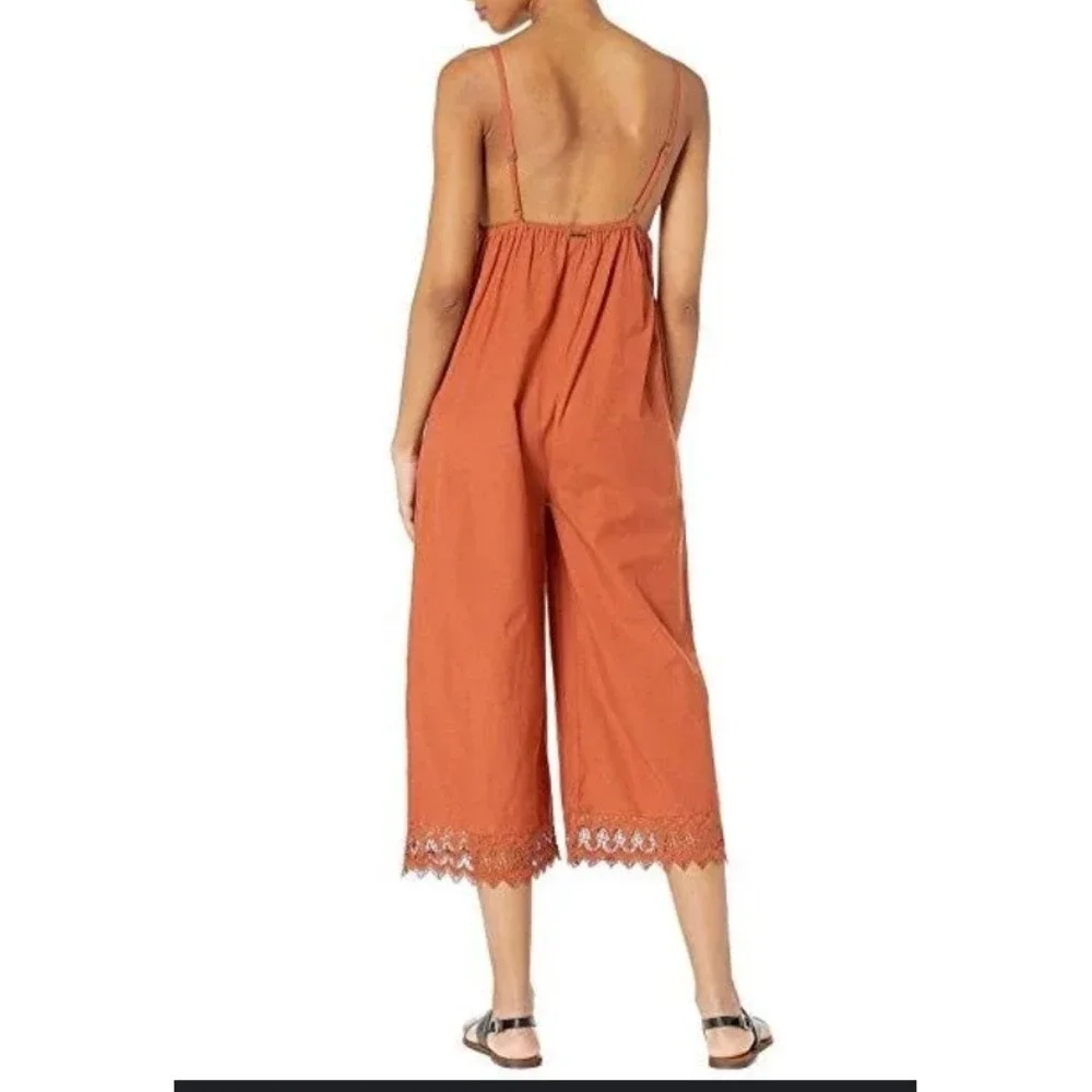 Billabong Lace and Lies Spiced Coral Crochet Trim Wide Leg Jumpsuit‎ Small NEW